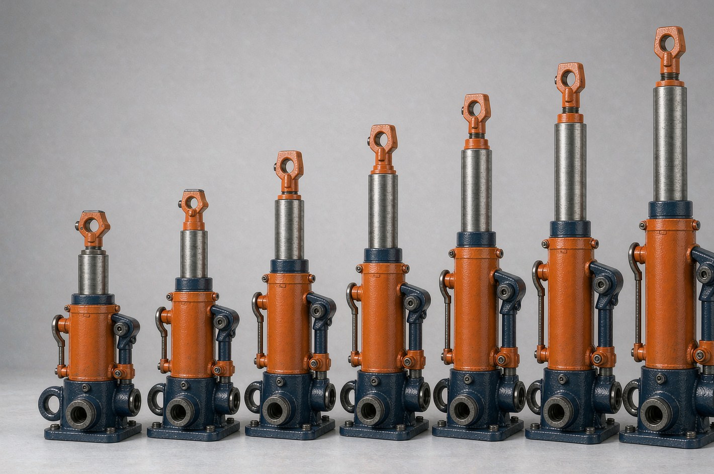 Hydraulic bottle jack family for vehicle, agricultural and industrial lifting